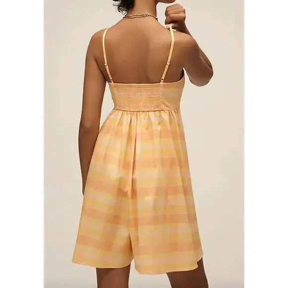 $158 Anthropologie HUTCH Bandeau Romper | sz L, Orange Yellow Plaid NEW! - Picture 4 of 11